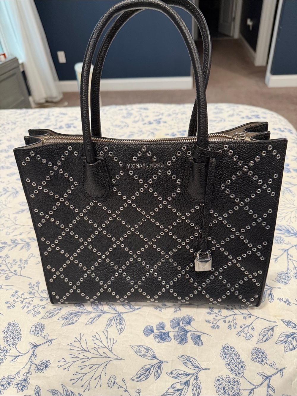 Michael Kors Black Leather Studded Tote with Padlock Charm